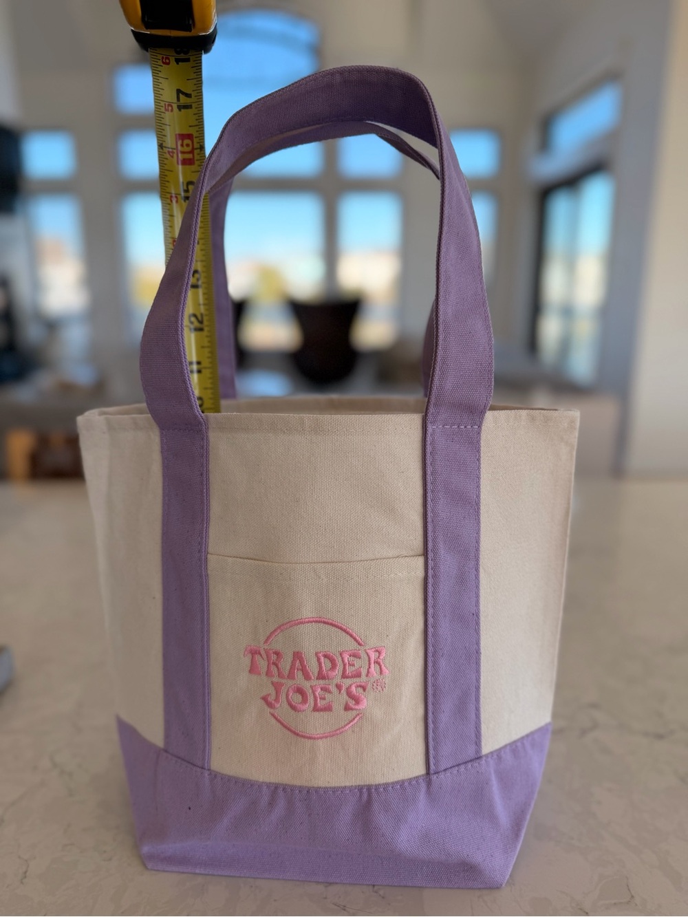 Trader Joe's Cream Canvas Tote with Lavender Trim, MINI